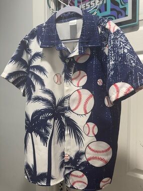Navy & White Palm Tree Baseball Print Short Sleeve Shirt
